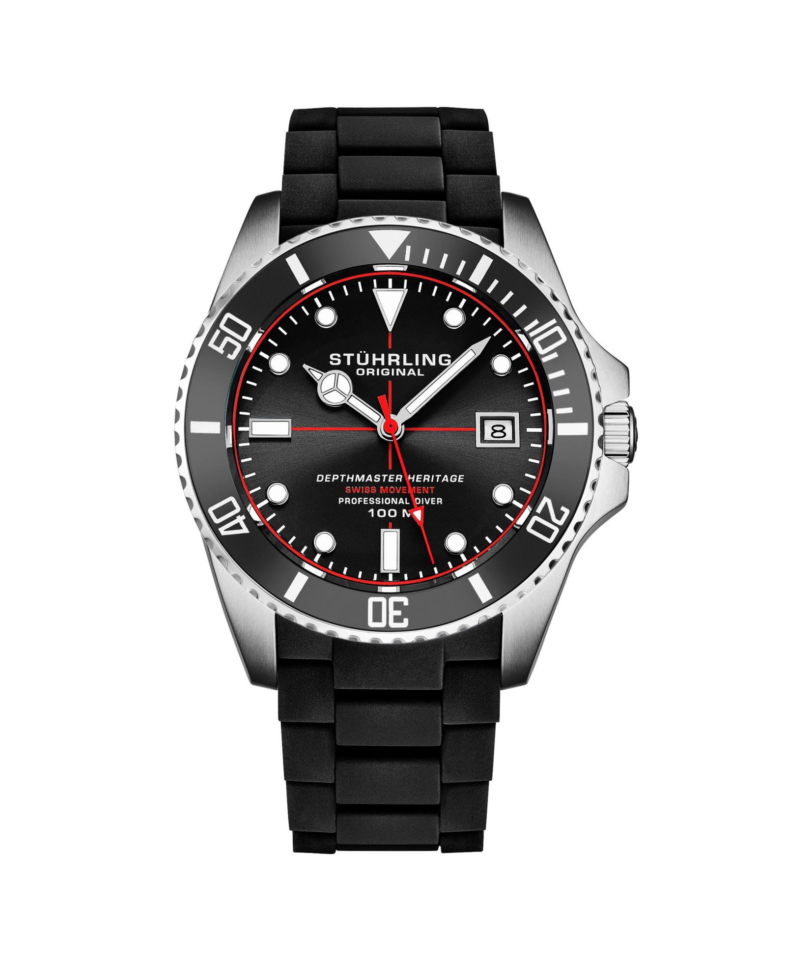 Stuhrling Depthmaster Heritage 4087 Men’s Swiss Quartz Diver Watch, 44mm Black Dial with Red Accents