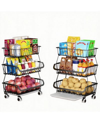 YIGII 3-Tier Wire Basket Storage Cart with Wheels for Kitchen Pantry