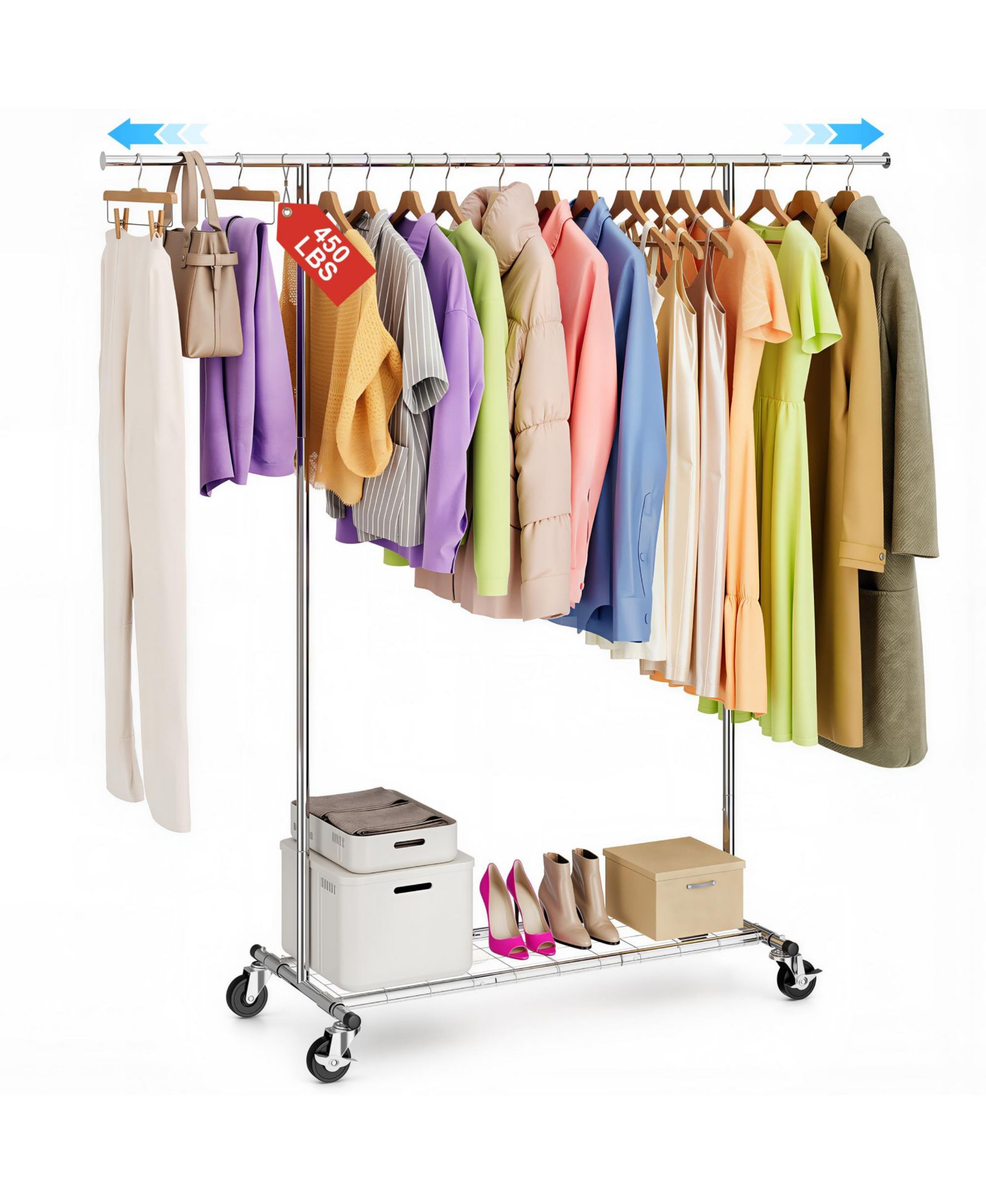 SUGIFT Adjustable Rolling Garment Rack with Extendable Hanging Rod