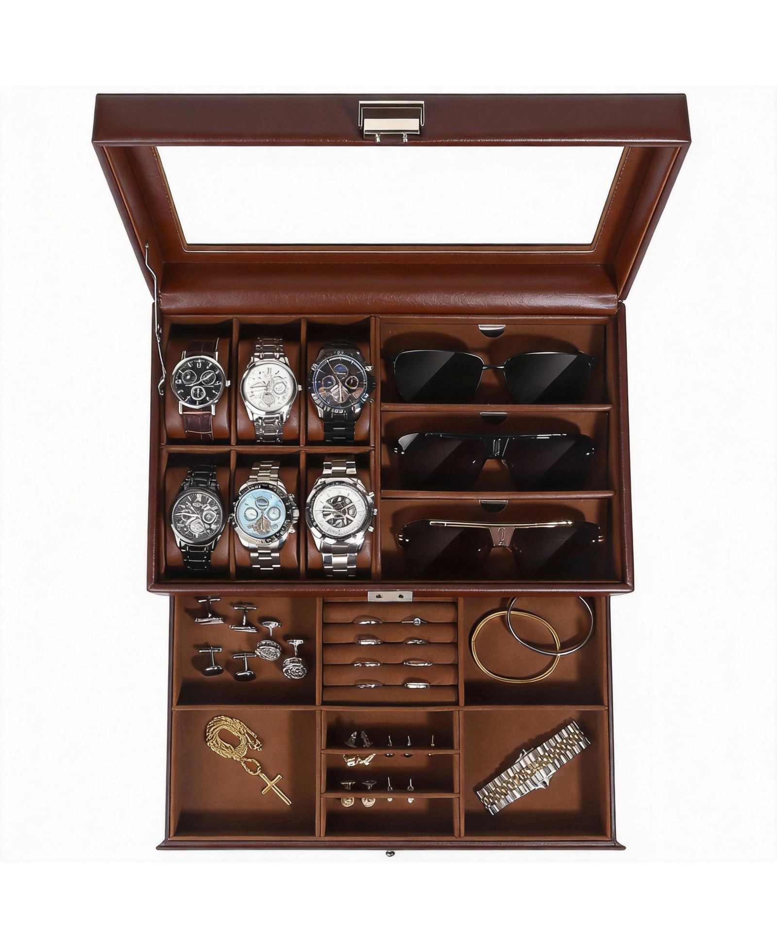 YIGII Premium Leather Watch & Jewelry Organizer with Glass Lid