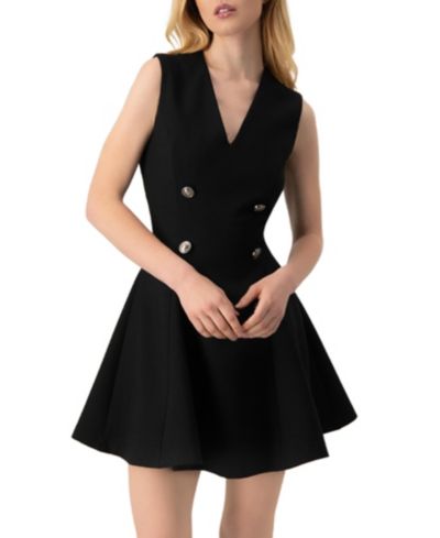 Ivonne Women's Sleeveless Black Six Button Mini Dress