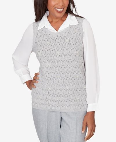 Alfred Dunner Petite Al Fresco Pointelle Mother of Pearl Lace Two In One Sweater