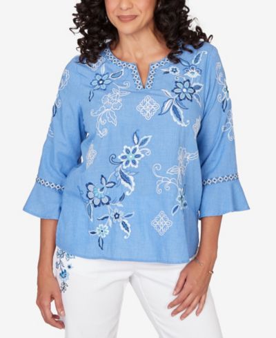 Alfred Dunner Petite Mykonos Floral Textured Embroidered Split Neck Top