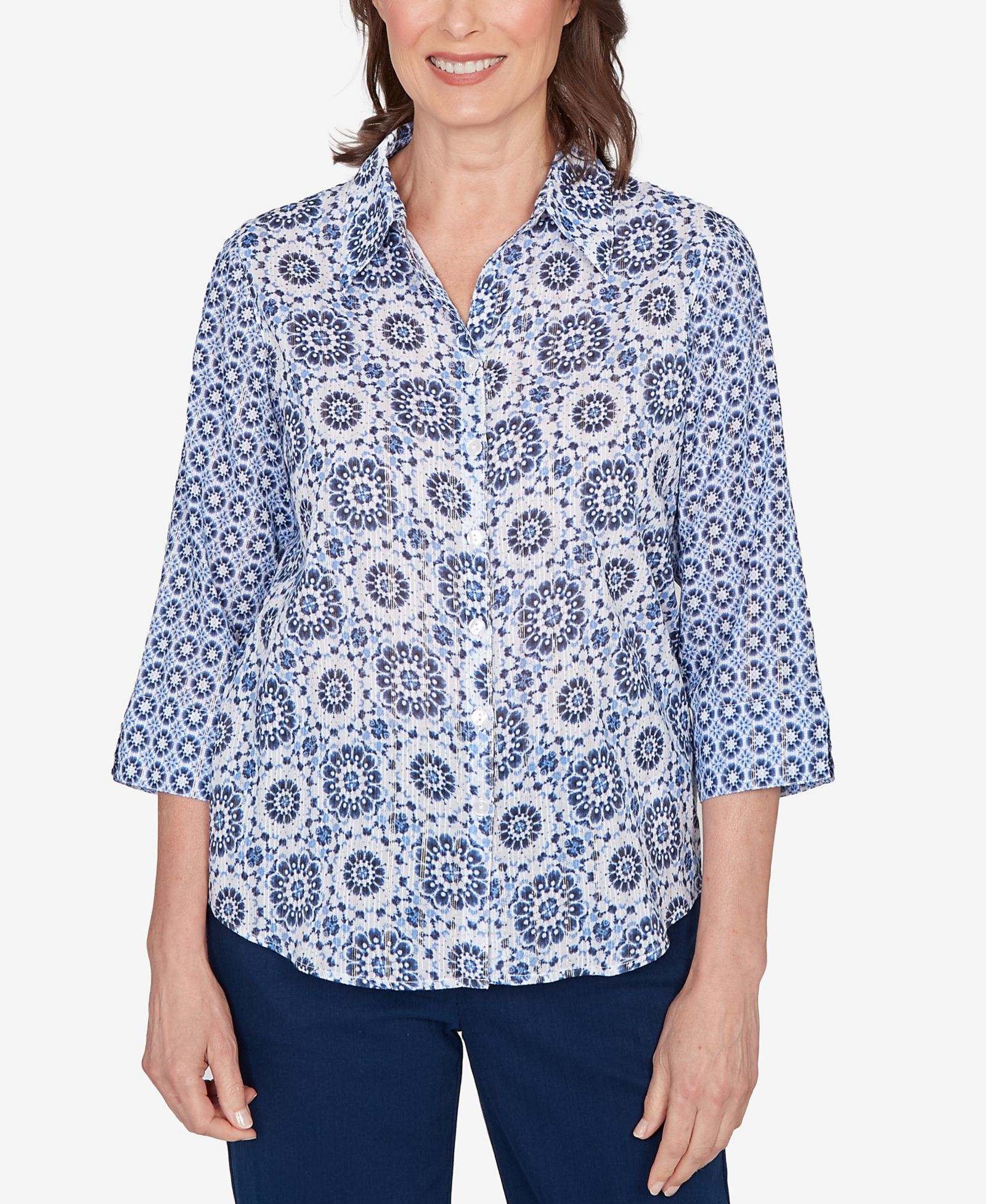 Alfred Dunner Petite Mykonos Geometric Button-Front Collared Top