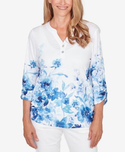 Alfred Dunner Petite Mykonos Watercolor Floral Border Henley Top