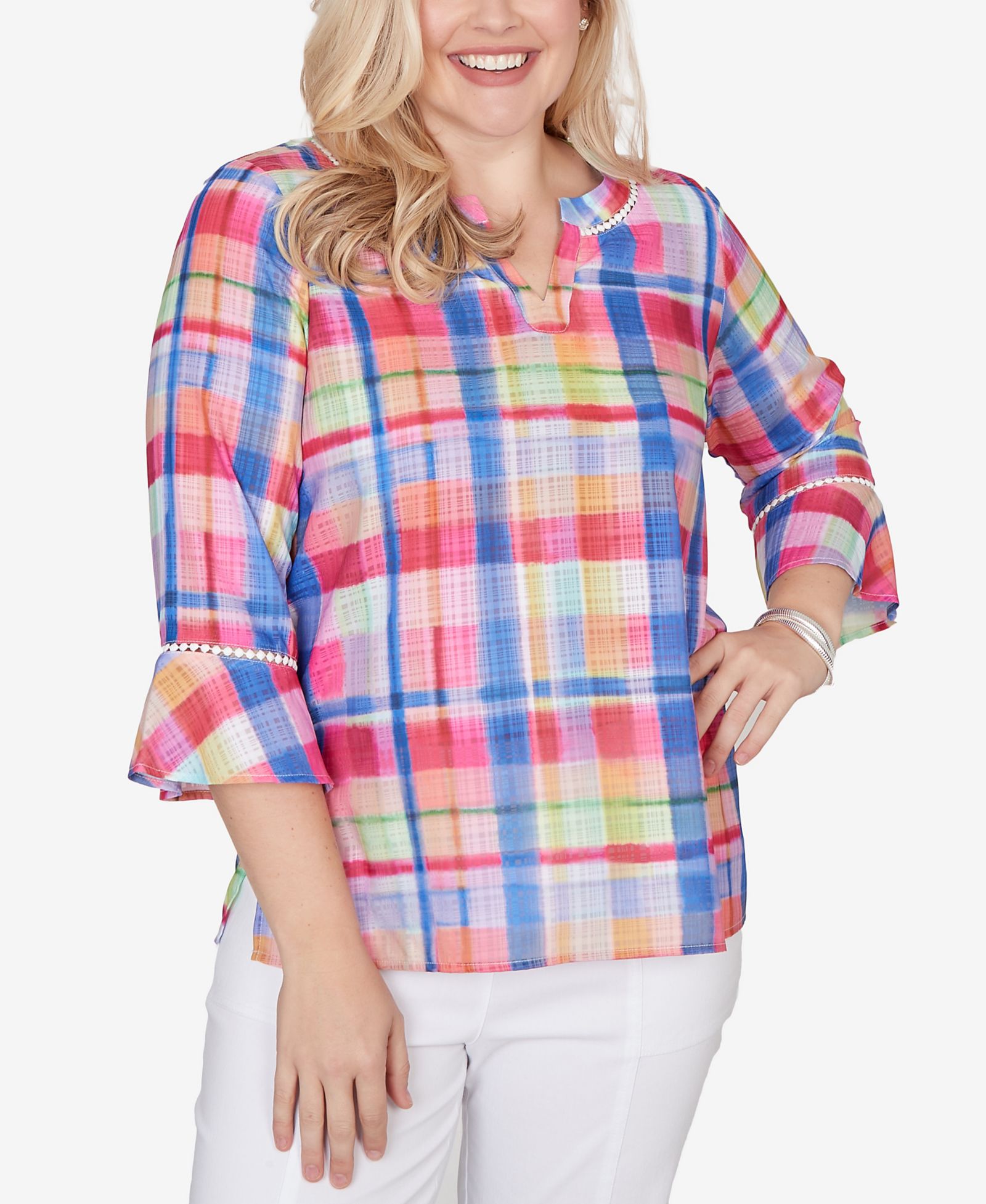 Alfred Dunner Petite The Royal Treatment Watercolor Split Neck Bell Sleeve Top