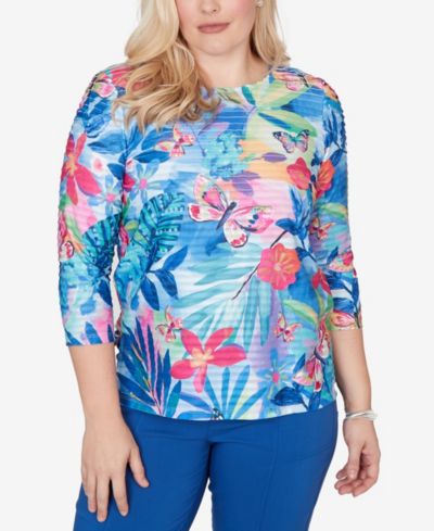 Alfred Dunner Petite The Royal Treatment Tropical Butterfly Ruffle Textured Top
