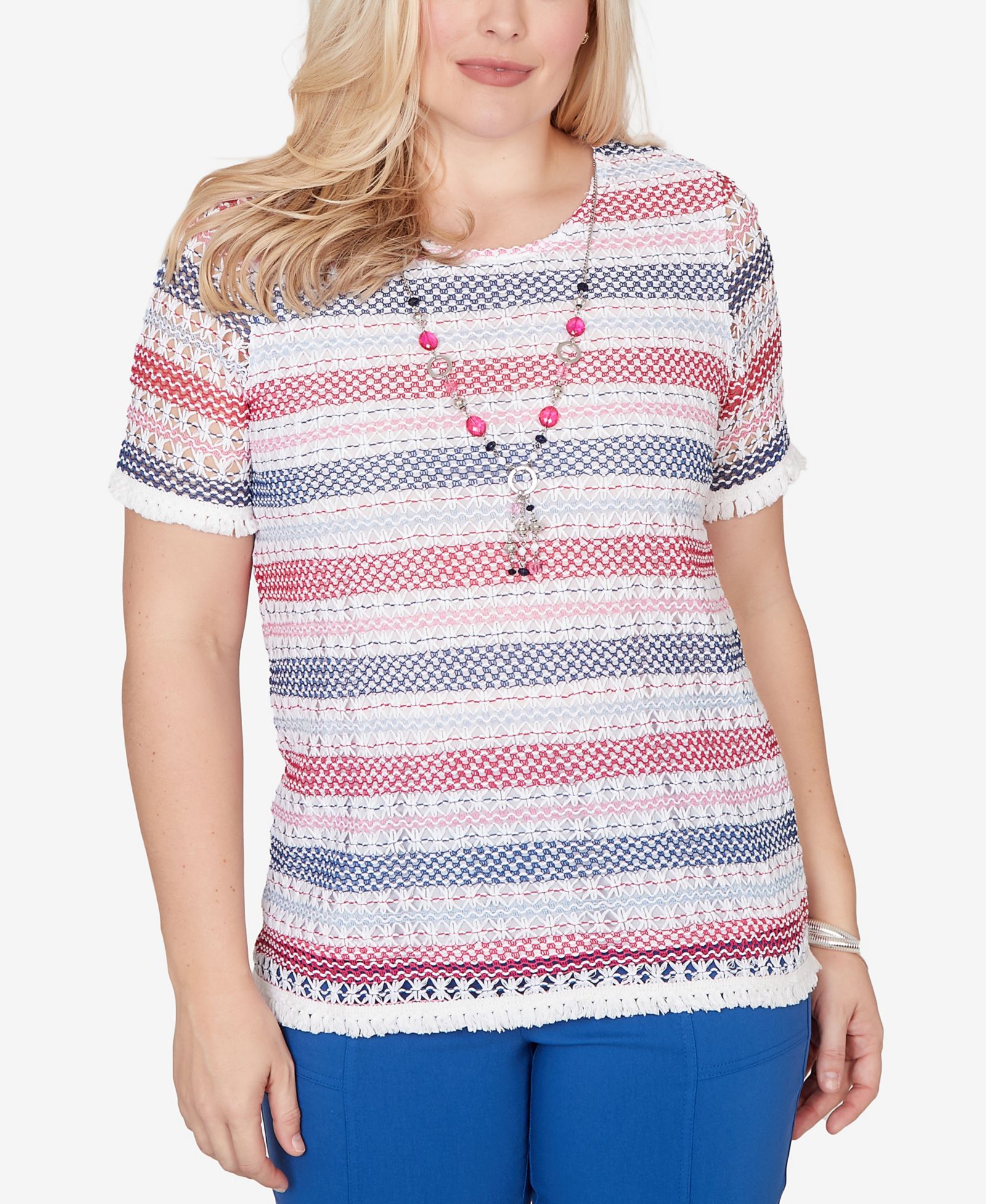 Alfred Dunner Petite The Royal Treatment Biadere Fringe Textured T-Shirt with Necklace