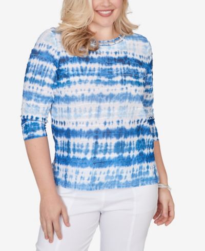 Alfred Dunner Petite The Royal Treatment Tie Dye Biadere Knotted Crew Neck Top
