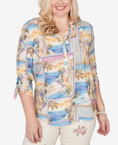 Женский топ Alfred Dunner Petite Beachcomber Postcard Print Tie Sleeve Henley