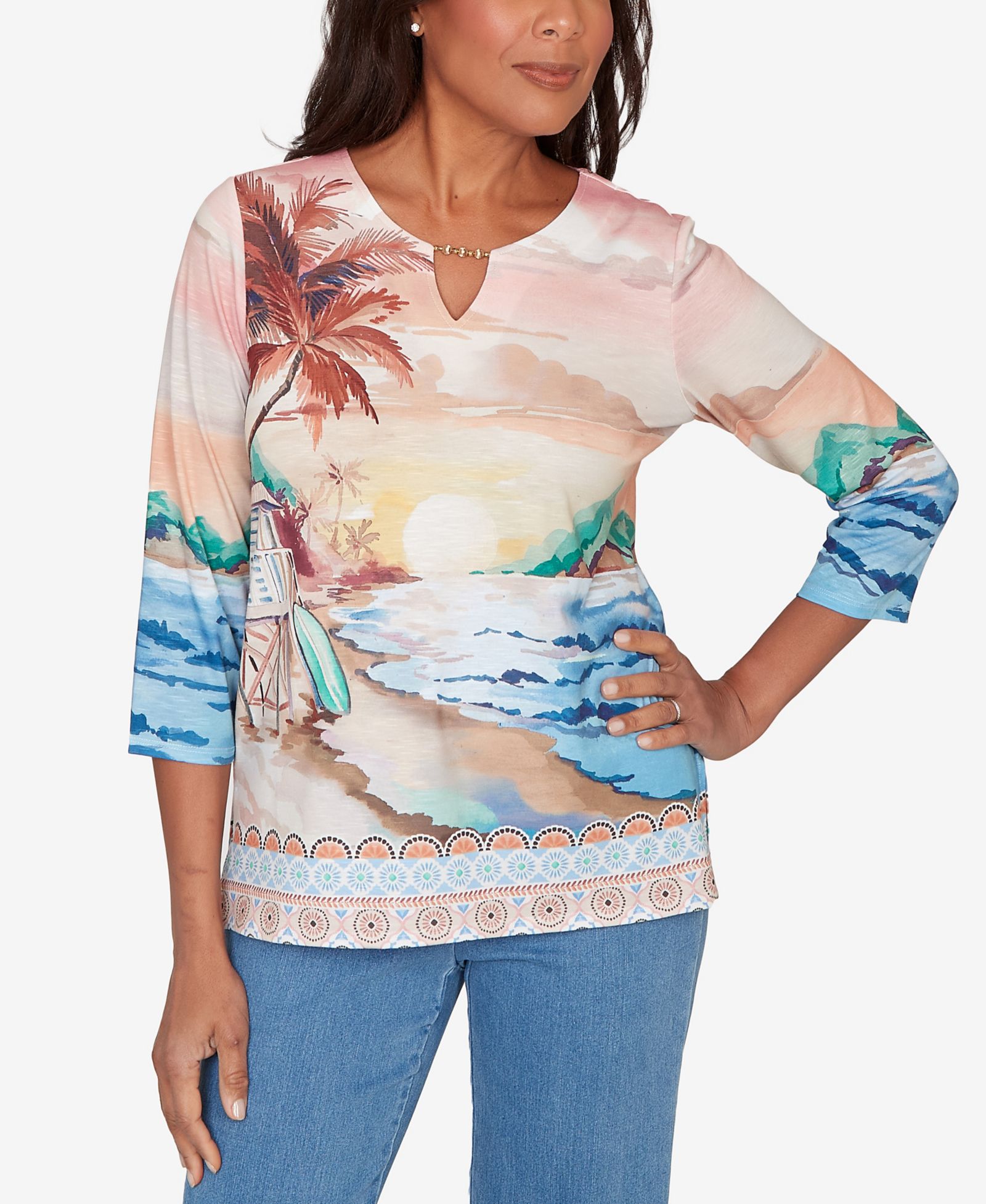 Alfred Dunner Petite Beachcomber Sunset Beach Scenic Split Neck Top