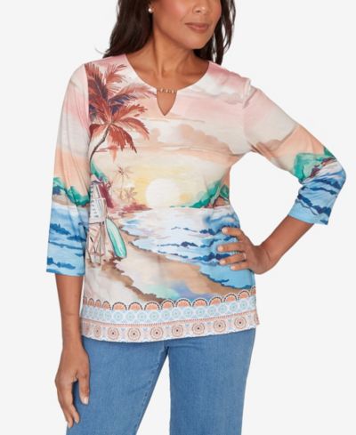 Alfred Dunner Petite Beachcomber Sunset Beach Scenic Split Neck Top