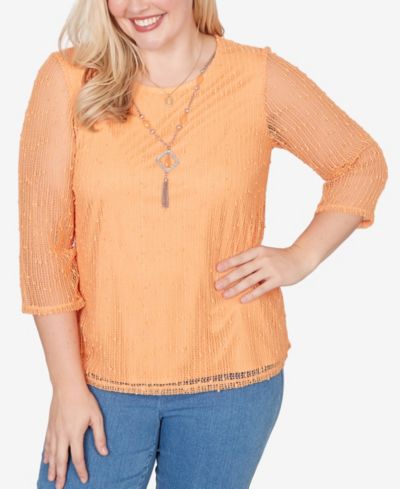 Alfred Dunner Petite Beachcomber Bright Popcorn Mesh Top with Necklace