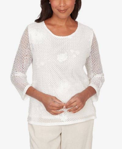 Alfred Dunner Petite Natural Wonder Sequin Mesh Flower Top