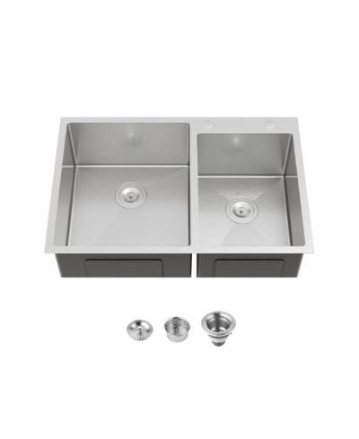 flynama Двойная накладная кухонная мойка из нержавеющей стали 304, 33x19 дюймов, ручная работа