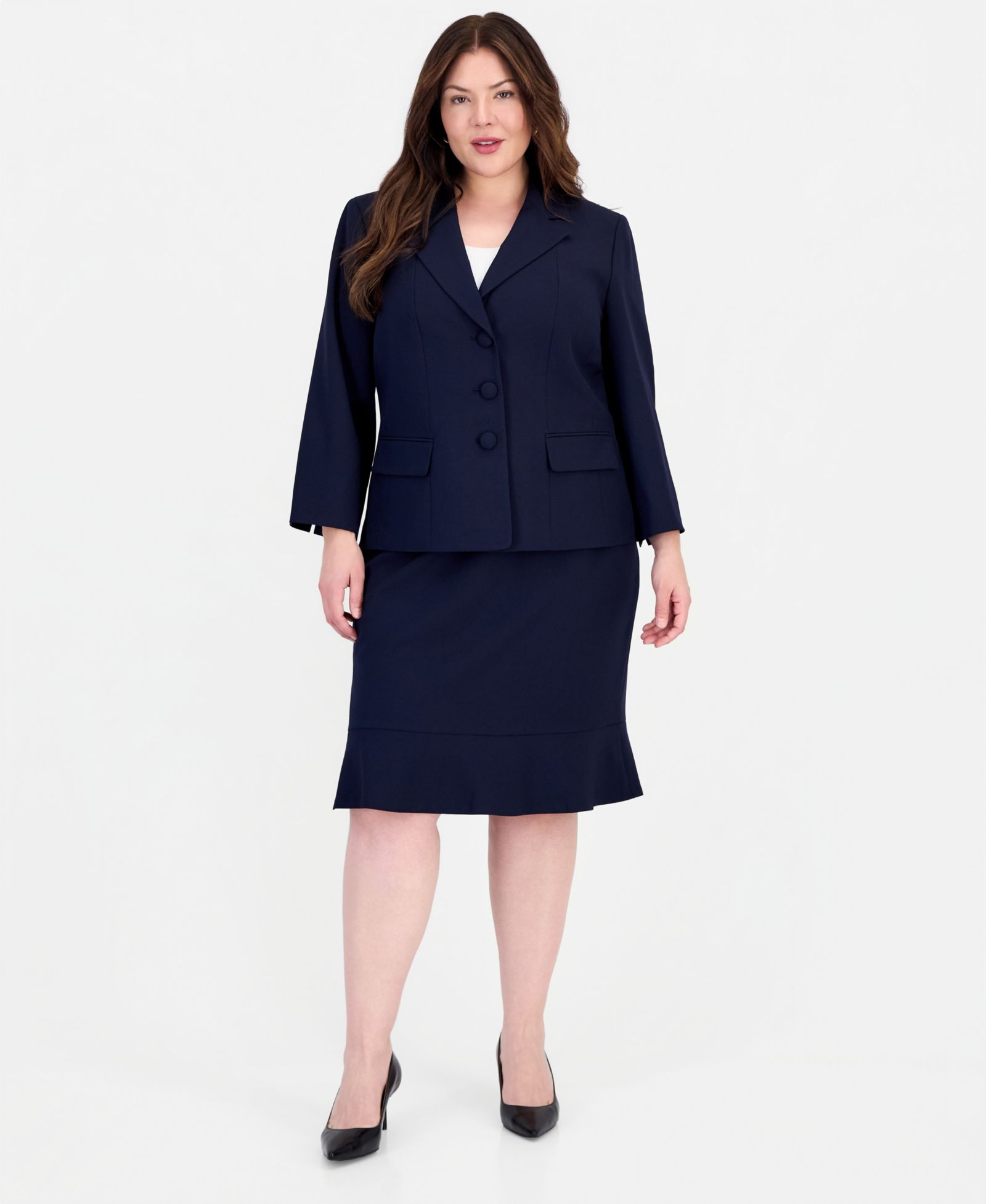 Le Suit Plus Size Three-Button Notched Collar Blazer & Skirt Suit