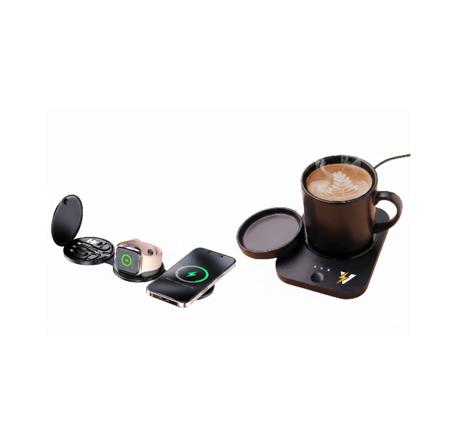 Pursonic Sip & Charge Wireless 2-in-1 Mug Warmer + 5-in-1 Folding Charging Station for Most USB-Powered Devices