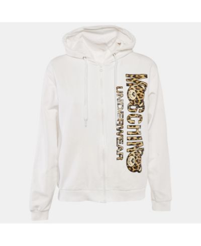 Pre-Owned Moschino Women's White Logo Print Cotton Knit Zip-Up Hoodie Jacket