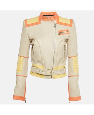 Pre-Owned Balmain Women's Beige Leather Zip Up Biker Jacket