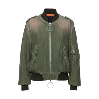 Pre-Owned Off-White Women's Green Cupro Washed Out Effect Zipper Front Bomber Jacket