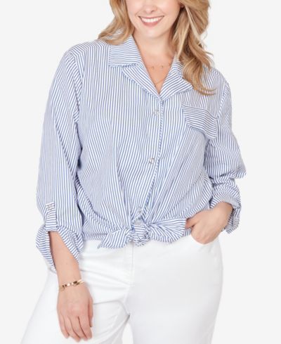 Ruby Rd. Plus Size Snap Front Tie Hem Pucker Stripe Top