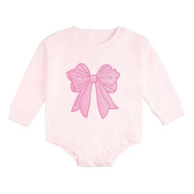 Sweet Wink Baby Girls Pink Bow Sequin Patch Long Sleeve Romper