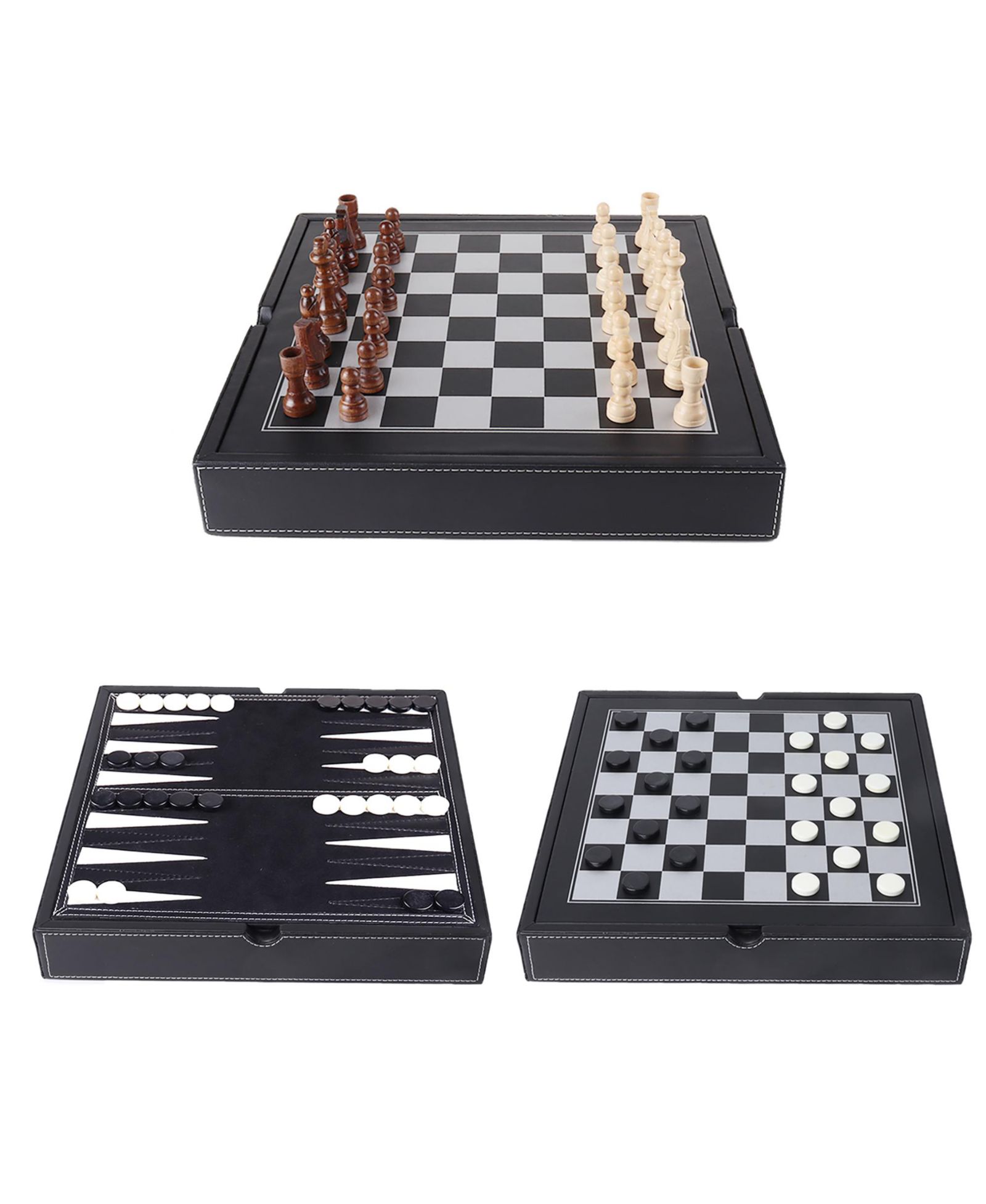 Набор настольных игр GSE Games & Sports Expert 12.5" 3-in-1: шахматы, шашки и нарды, кожаный, для детей и взрослых