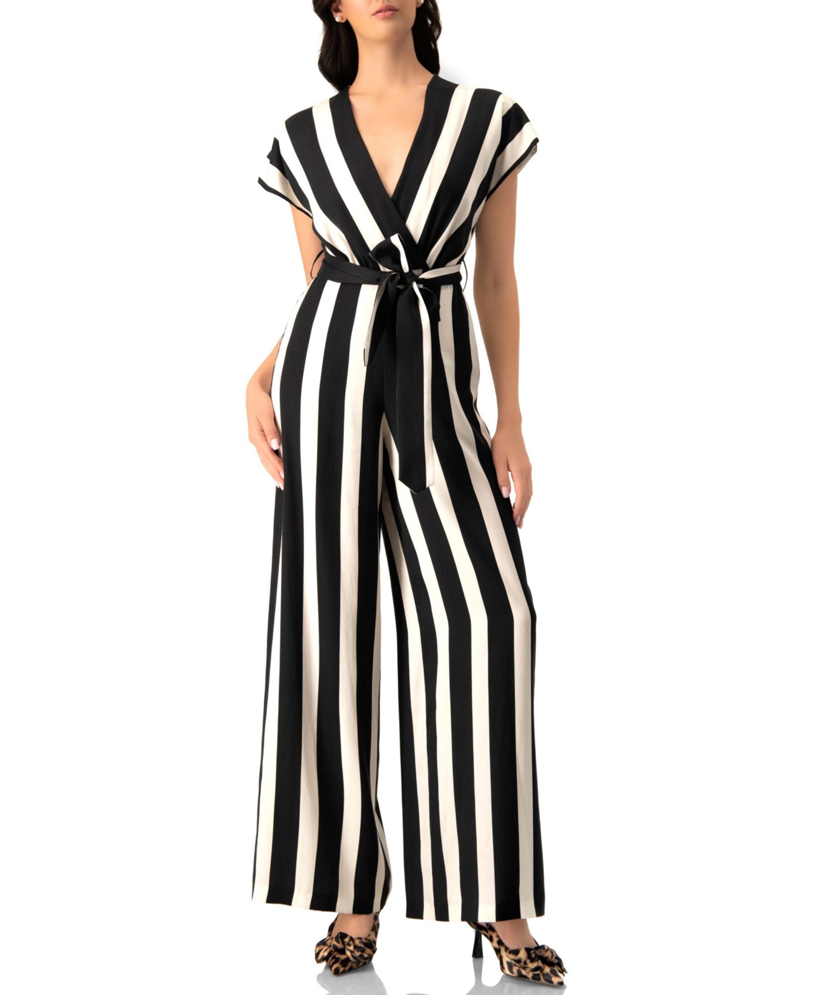 Ivonne Women's Striped V-Neck Jumpsuit with Waist Tie