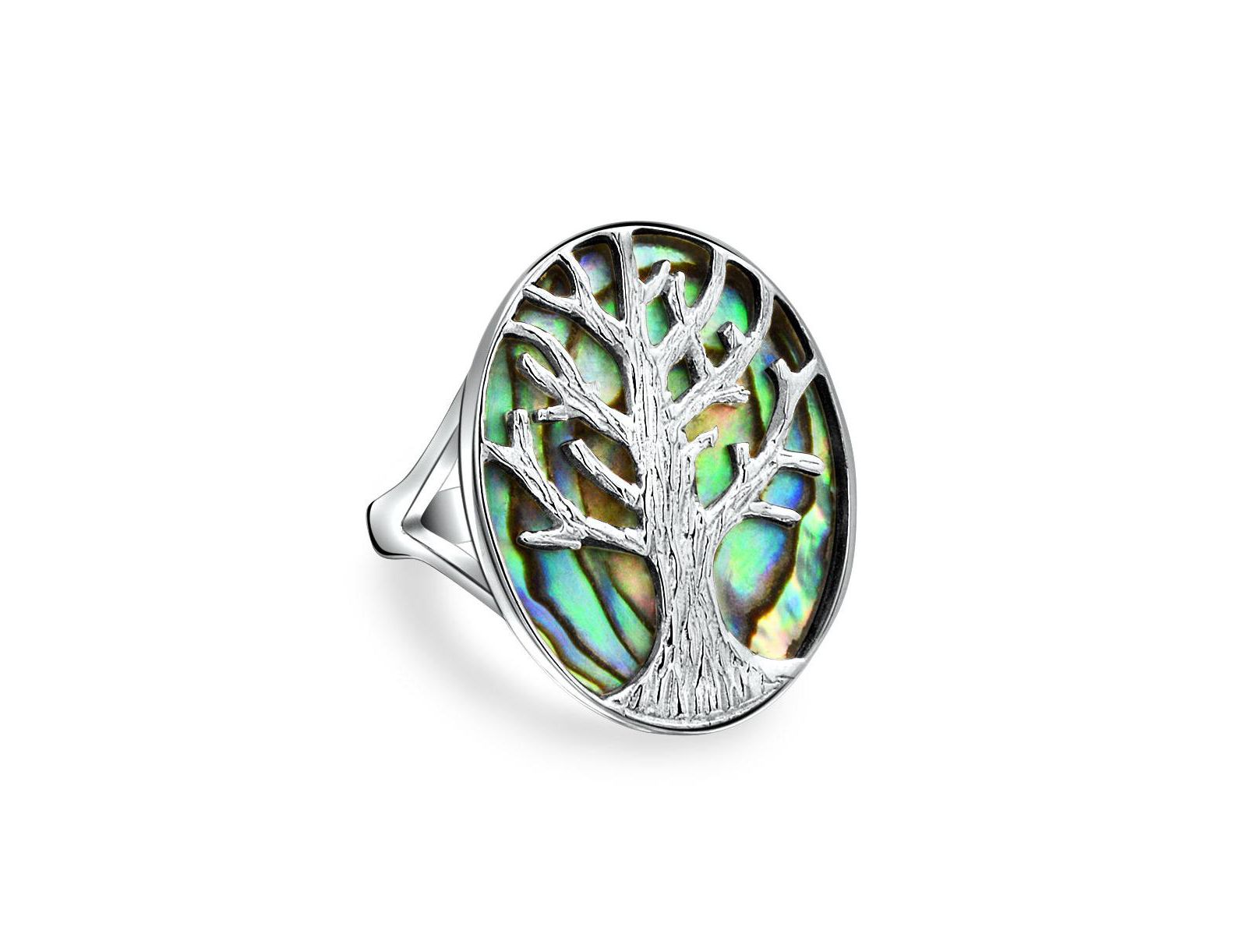 Bling Jewelry Oval Rainbow Abalone Family Wishing Tree Of Life Statement Ring .925 Sterling Silver