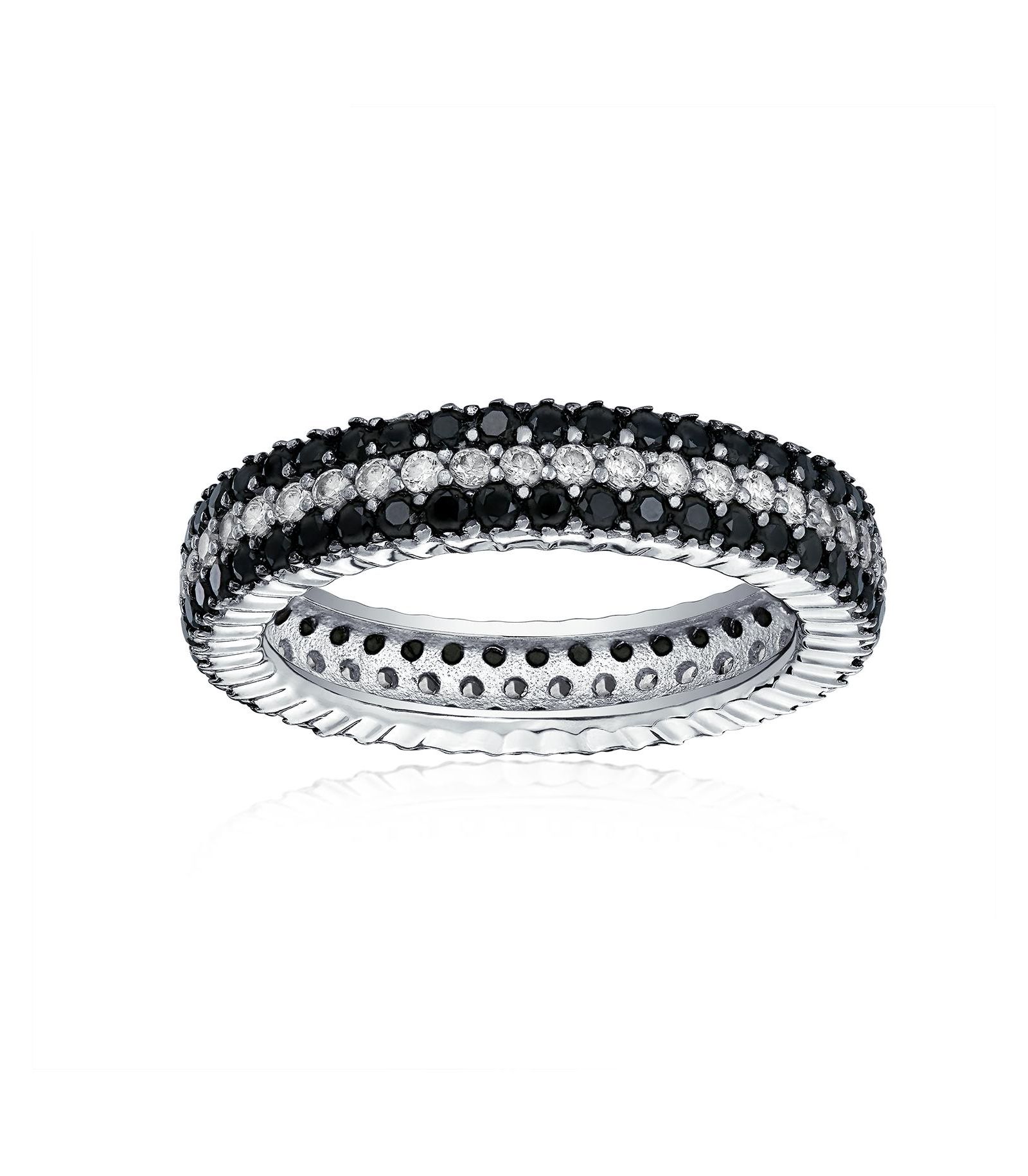 Кольцо Bling Jewelry Cubic Zirconia 3 Row Pave Stripe CZ Statement Black and White Eternity Band.925 Sterling Silver