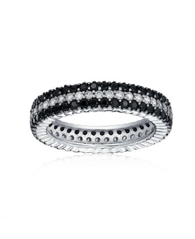 Кольцо Bling Jewelry Cubic Zirconia 3 Row Pave Stripe CZ Statement Black and White Eternity Band.925 Sterling Silver