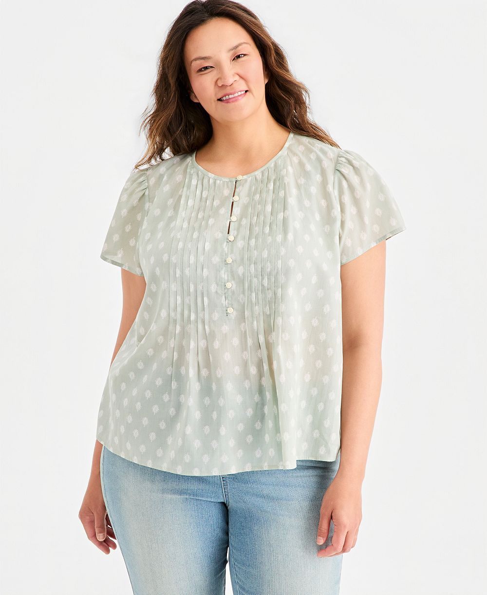 Style & Co Plus Size Printed Cotton Pintuck Flutter-Sleeve Top, Macy's Exclusive