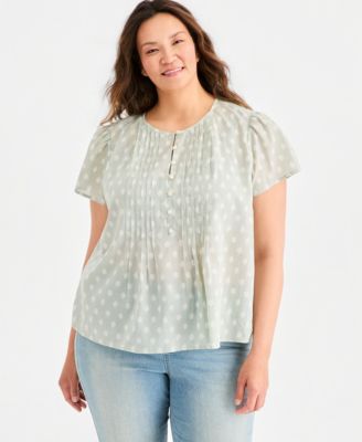 Style & Co Plus Size Printed Cotton Pintuck Flutter-Sleeve Top, Macy's Exclusive