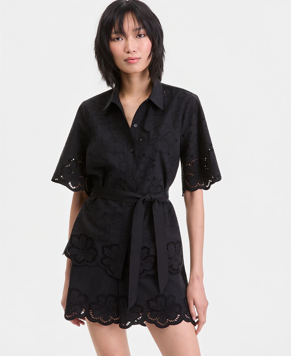 I.N.C. International Concepts Women's Cotton Eyelet Tie-Waist Blouse, Macy's Exclusive