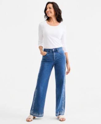 Style & Co Women's Printed High-Rise Five-Pocket Wide-Leg Jeans, Macy's Exclusive