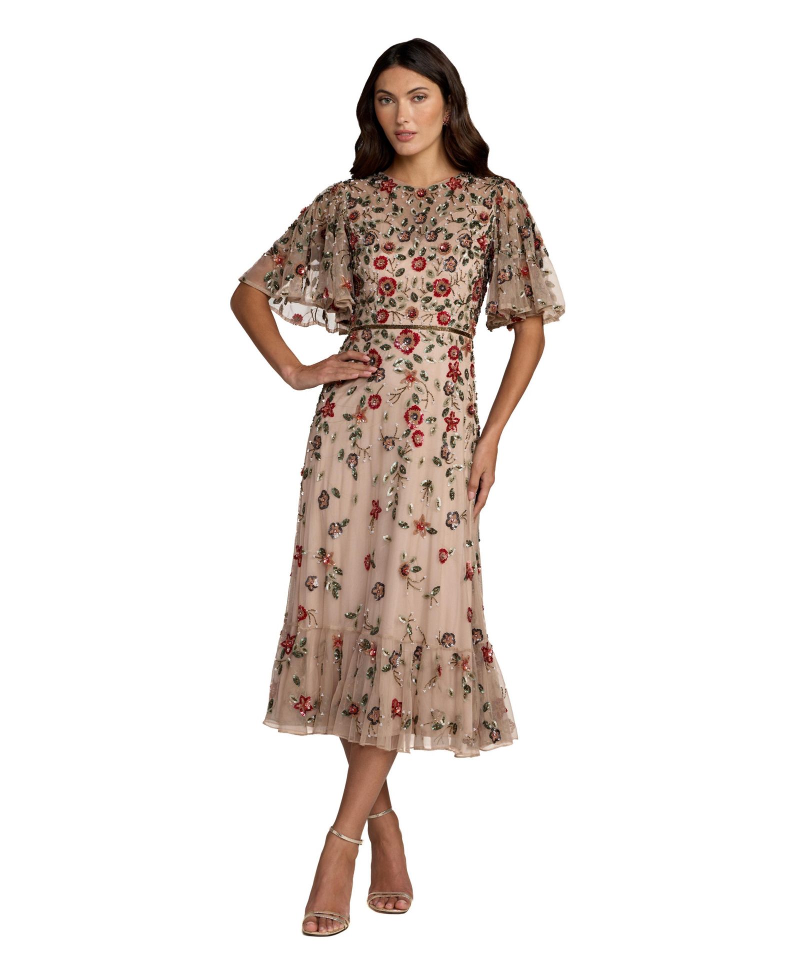 Mac Duggal Women's Floral Embellished Flutter Sleeve Midi Dress