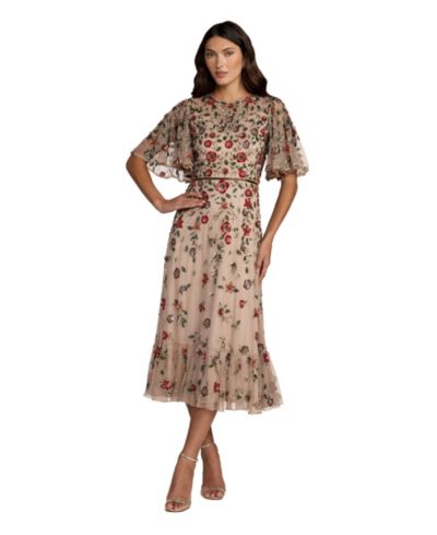 Mac Duggal Women's Floral Embellished Flutter Sleeve Midi Dress