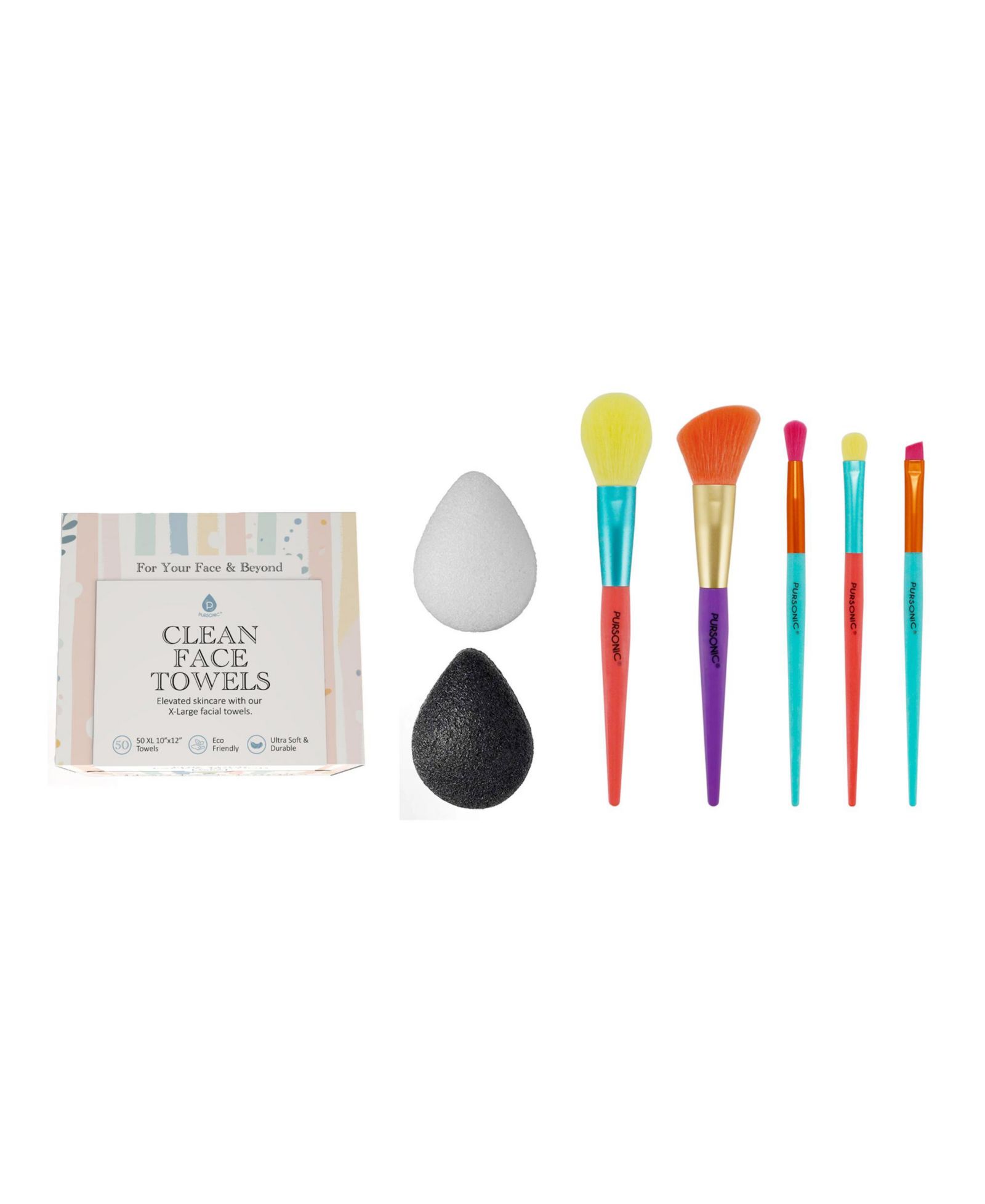 PURSONIC Flawless Skin & Makeup Prep Kit – Brush Set, XL Clean Face Towels & Konjac Sponge