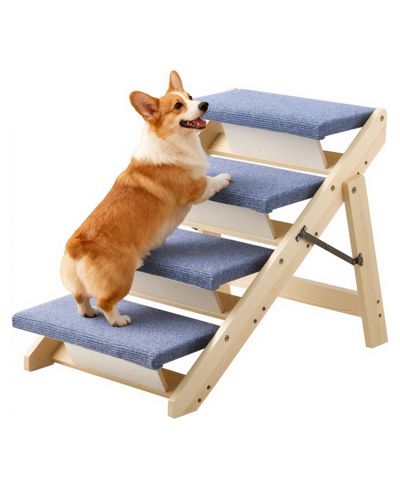 COZITO 4-Step Wooden Pet Stairs for Bed, Sofa, or Car, Foldable Flat Design, 150 lb Capacity