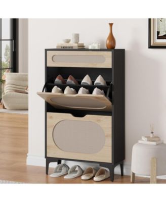 Gaomon Rattan Shoe Cabinet with 2 Flip Drawers, Pull-Out Drawer & Adjustable Shelf, Oak