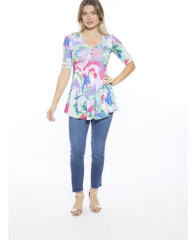 24seven Comfort Apparel Women's Abstract V-Neck Elbow Sleeve Henley Tunic Top