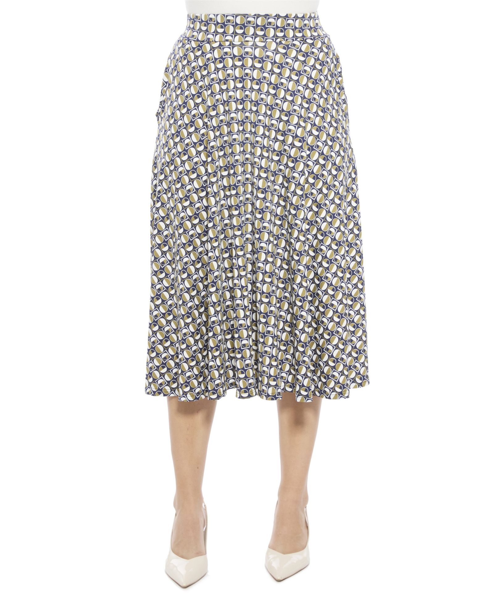 24seven Comfort Apparel Women's Geometric Elastic Waist Pocket A-Line Midi Skirt