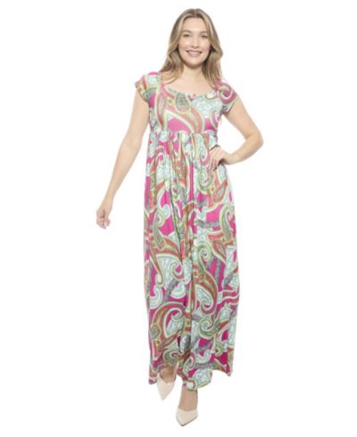 24seven Comfort Apparel Women's Paisley Square Neck Cap-Sleeve Pleated A-Line Maxi Dress