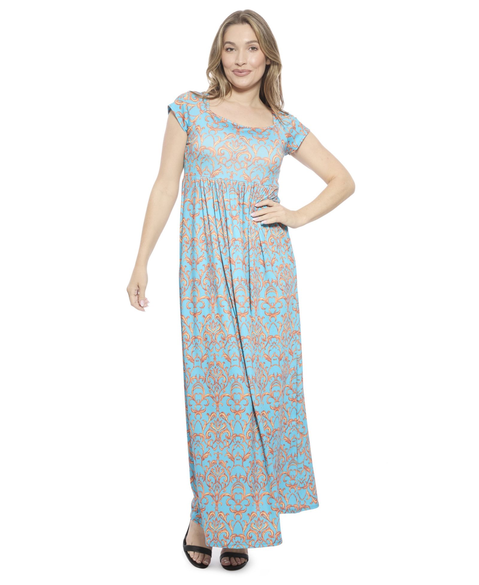 24seven Comfort Apparel Women's Abstract Square Neck Cap-Sleeve Pleated A-Line Maxi Dress