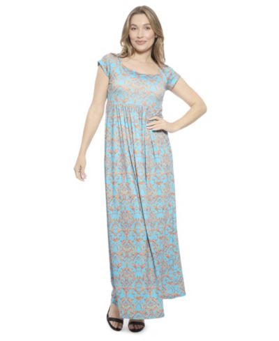 24seven Comfort Apparel Women's Abstract Square Neck Cap-Sleeve Pleated A-Line Maxi Dress