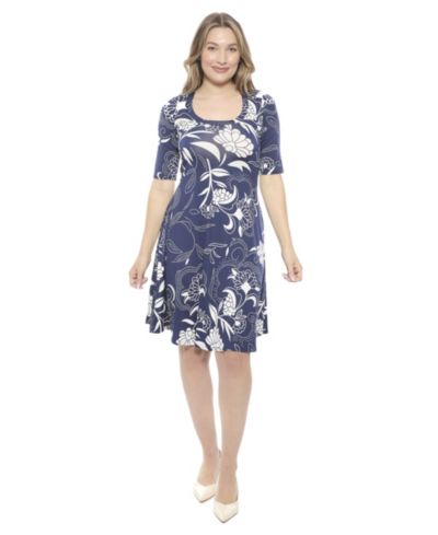 24seven Comfort Apparel Women's Floral Scoop Neck Elbow Sleeve Knee Length A-Line FlaDress