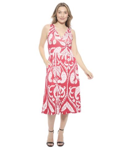 24seven Comfort Apparel Women's Paisley V-Neck Sleeveless Pleated Pocket Midi Fit N Flare Dress
