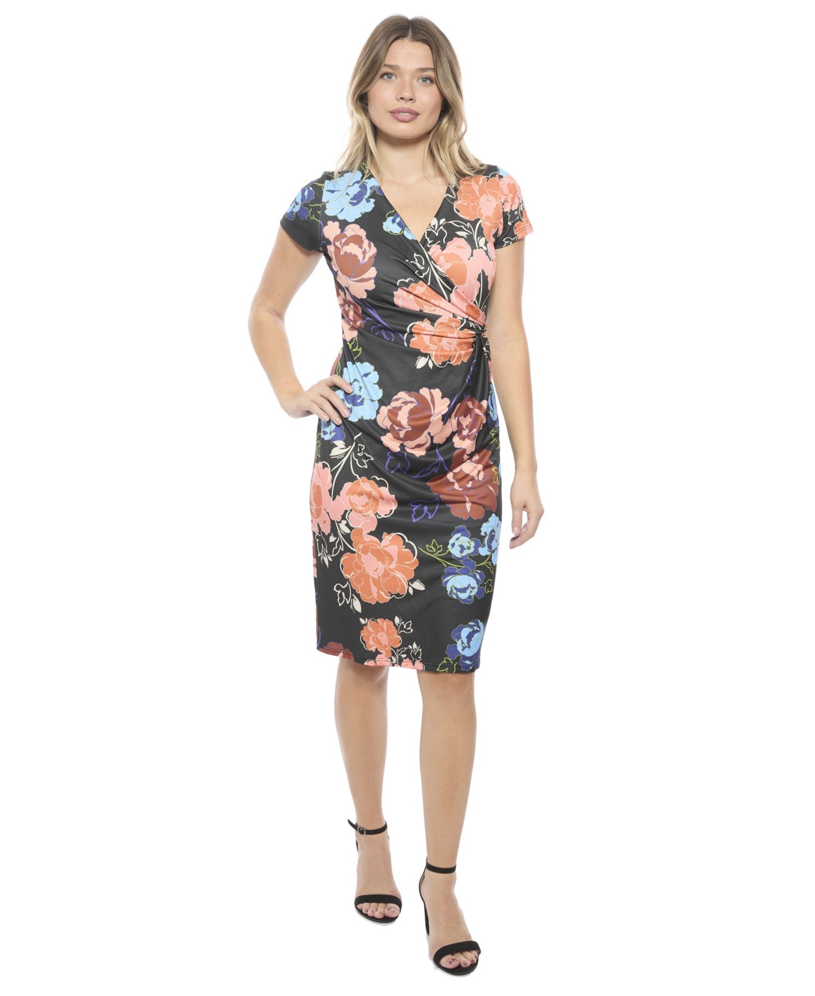 Женское платье 24seven Comfort Apparel Floral V-Neck Short-Sleeve Knee Length Faux Wrap