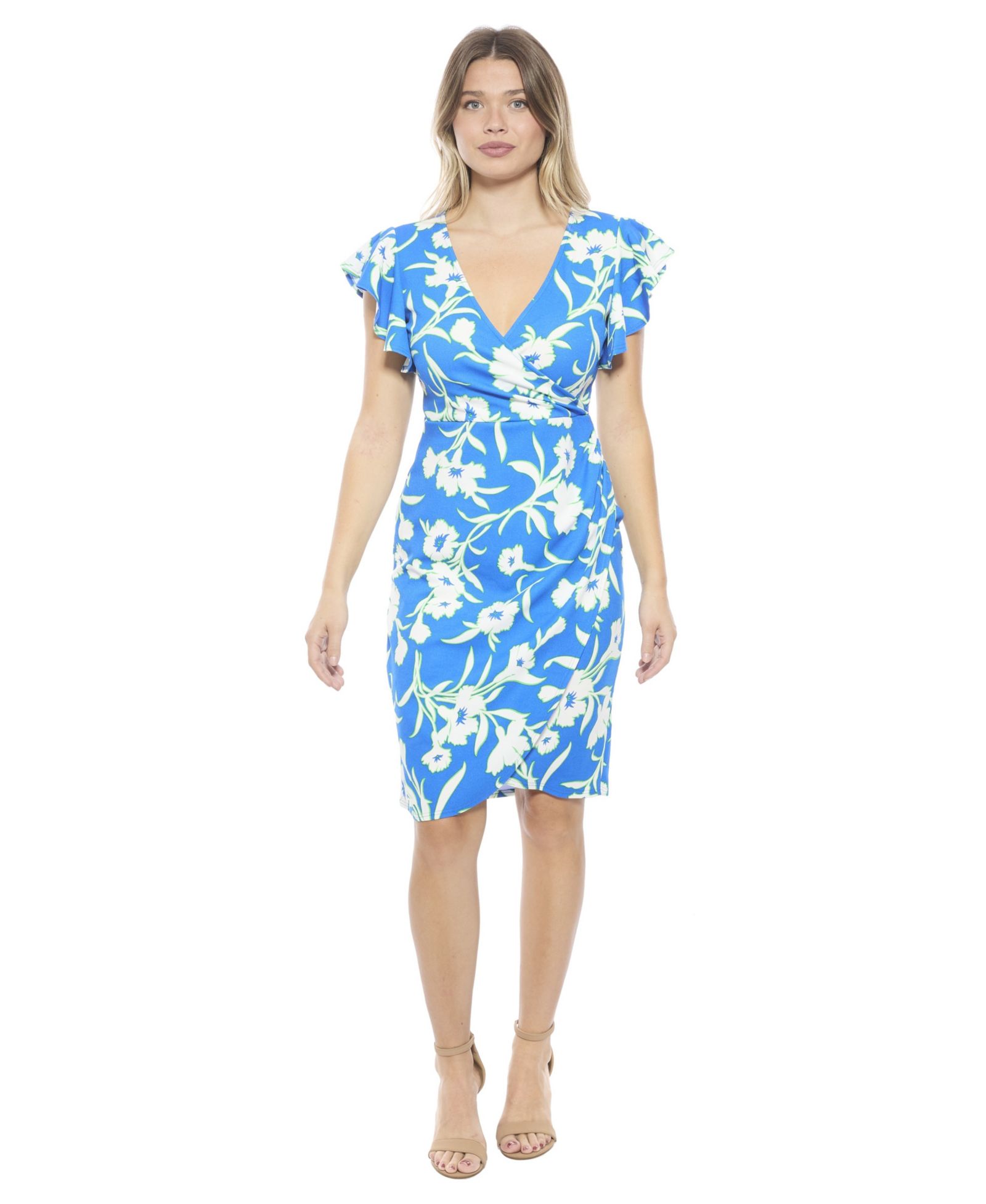 Женское платье 24seven Comfort Apparel Floral Flutter Sleeve Faux Wrap Knee Length