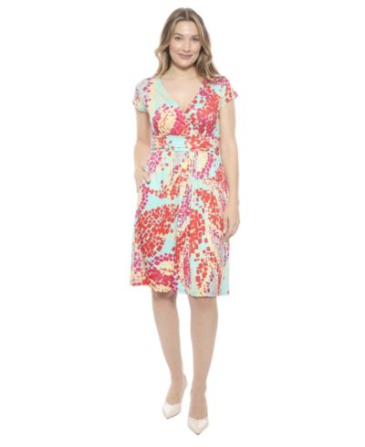 24seven Comfort Apparel Women's Abstract V-Neck Cap-Sleeve Knee Length A-Line Pocket Dress
